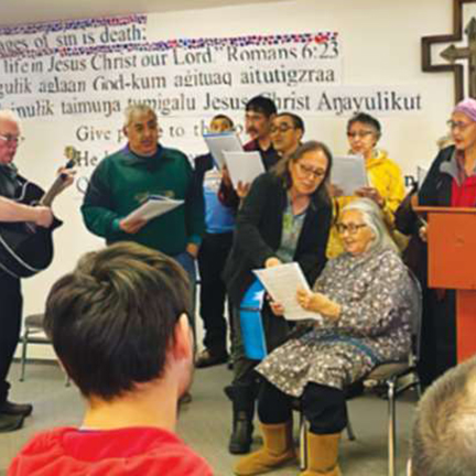 The choir of Brevig Memorial Lutheran Church, Brevig Mission, Alaska, sings the opening hymn at the Seward Peninsula Lutheran Conference’s April gathering, with its pastor, Brian Crockett, on guitar. In addition to Brevig Memorial, the conference’s churches include Our Saviour, Nome; Shishmaref, Shishmaref; Teller, Teller; Thornton Memorial, Wales; and Alaska Native, Anchorage.
