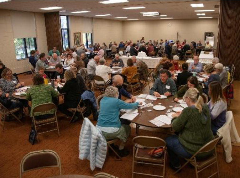 People gathered at tables