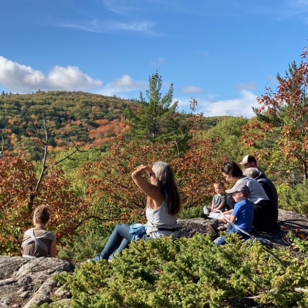 Family on a hilltop overlooking a forest