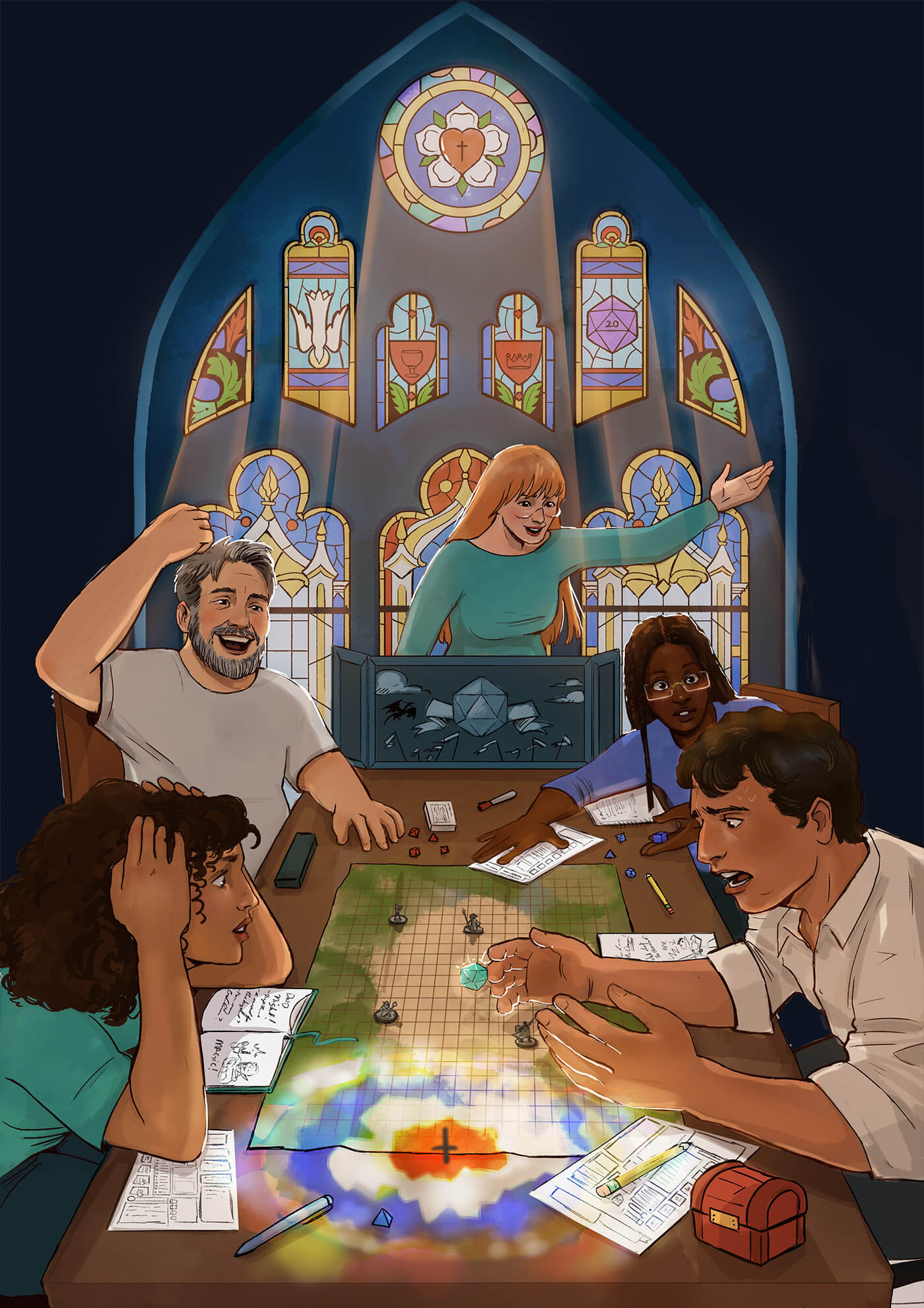 A group gathered around a table playing Dungeons and Dragons